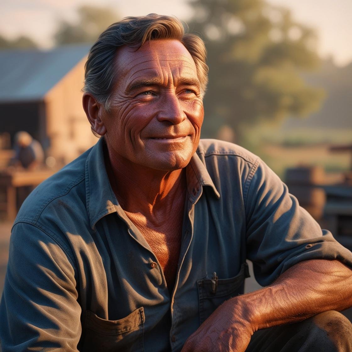 Faça uma imagem de um trabalhador sofrido de 50 anos, que trabahou muito no sol, e está se aposentando