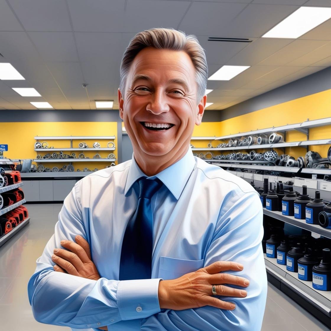 Faça uma imagem contendo de um empresário, dentro da sua empresa (loja de autopeças para veículos), feliz, pois conseguiu recuperar um crédito tributário _ (1)